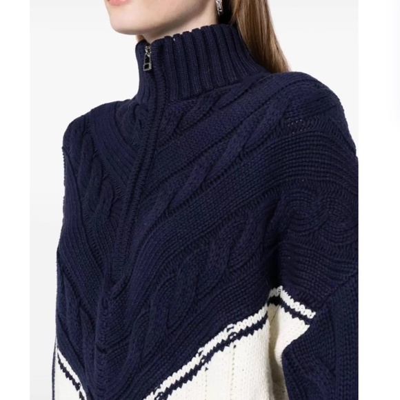 STAUD Hampton Half Zip Cable Knit Long Sweater Knit - Navy/Ivory Casual Two Tone - Picture 10 of 10